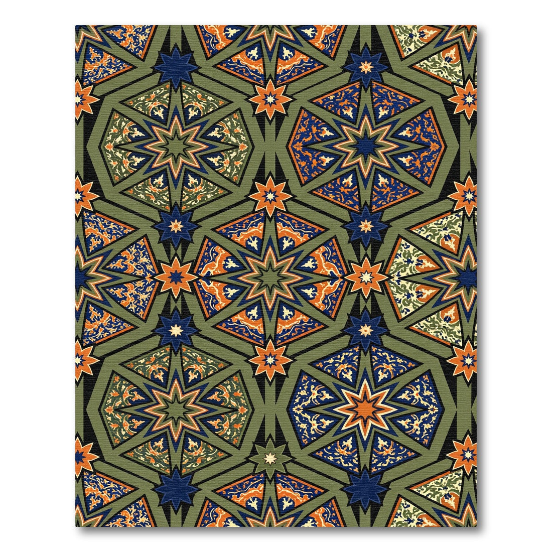 Green and Orange Geometric Star Mosaic Rug