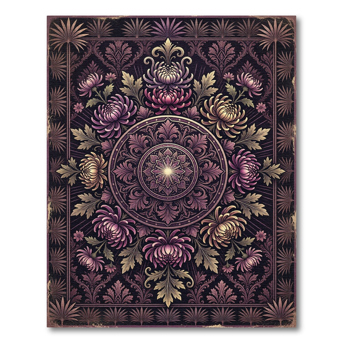 Ornate Plum Chrysanthemum Botanical Medallion Rug