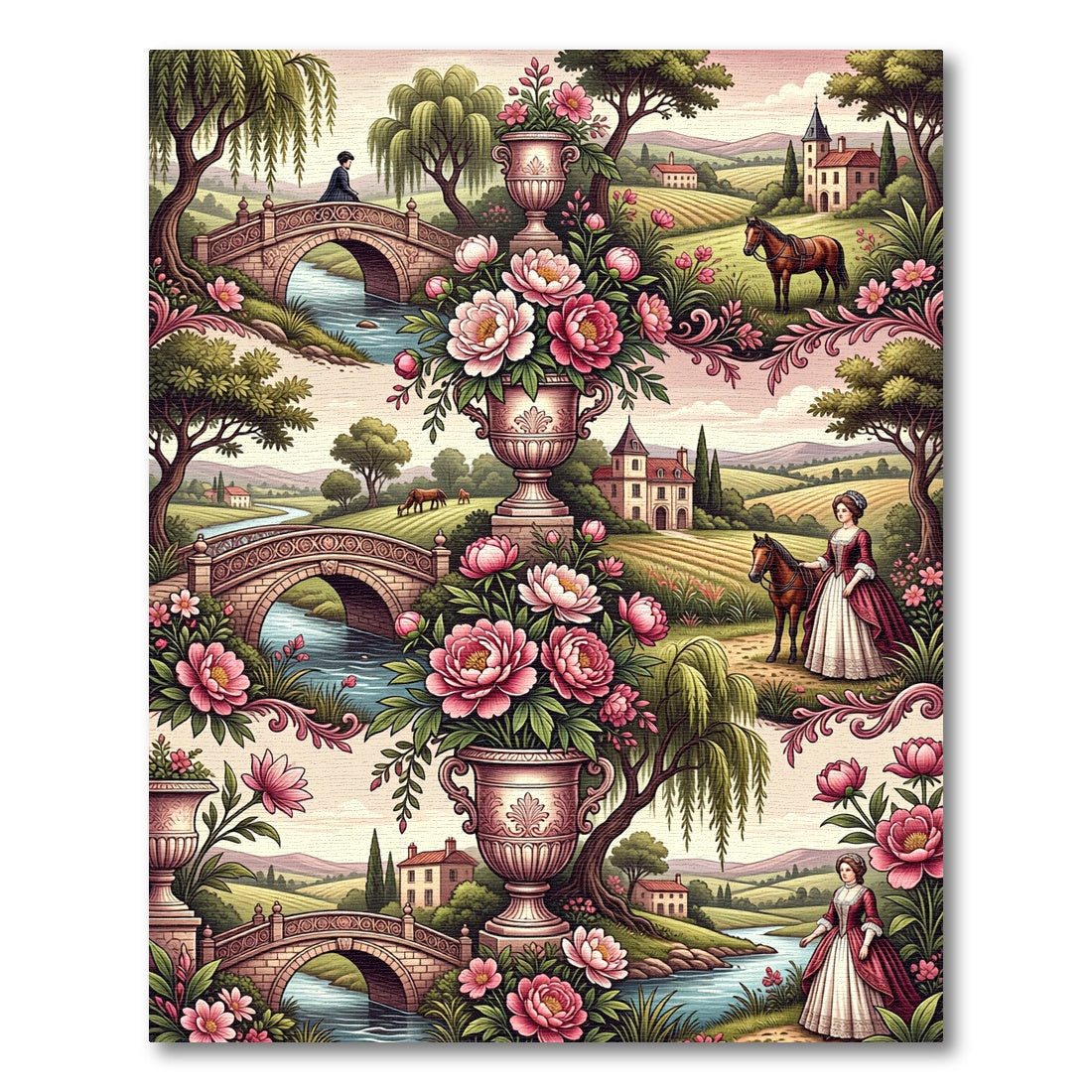 Vintage Pink Floral Landscape Vases Rug