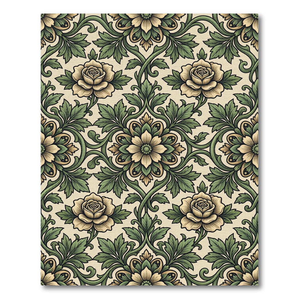 Victorian Cream and Olive Floral Damask Rug