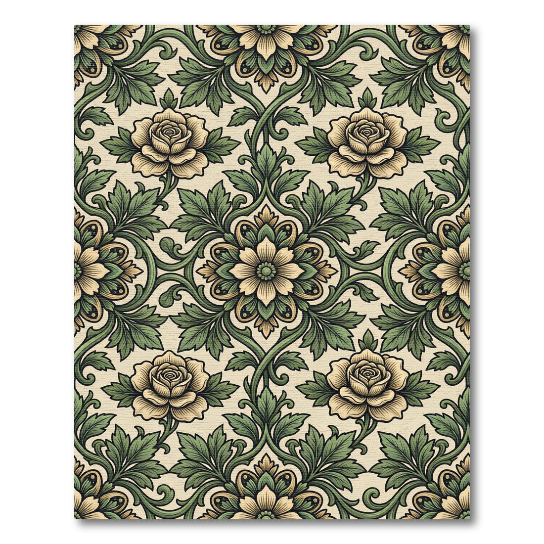 Victorian Cream and Olive Floral Damask Rug