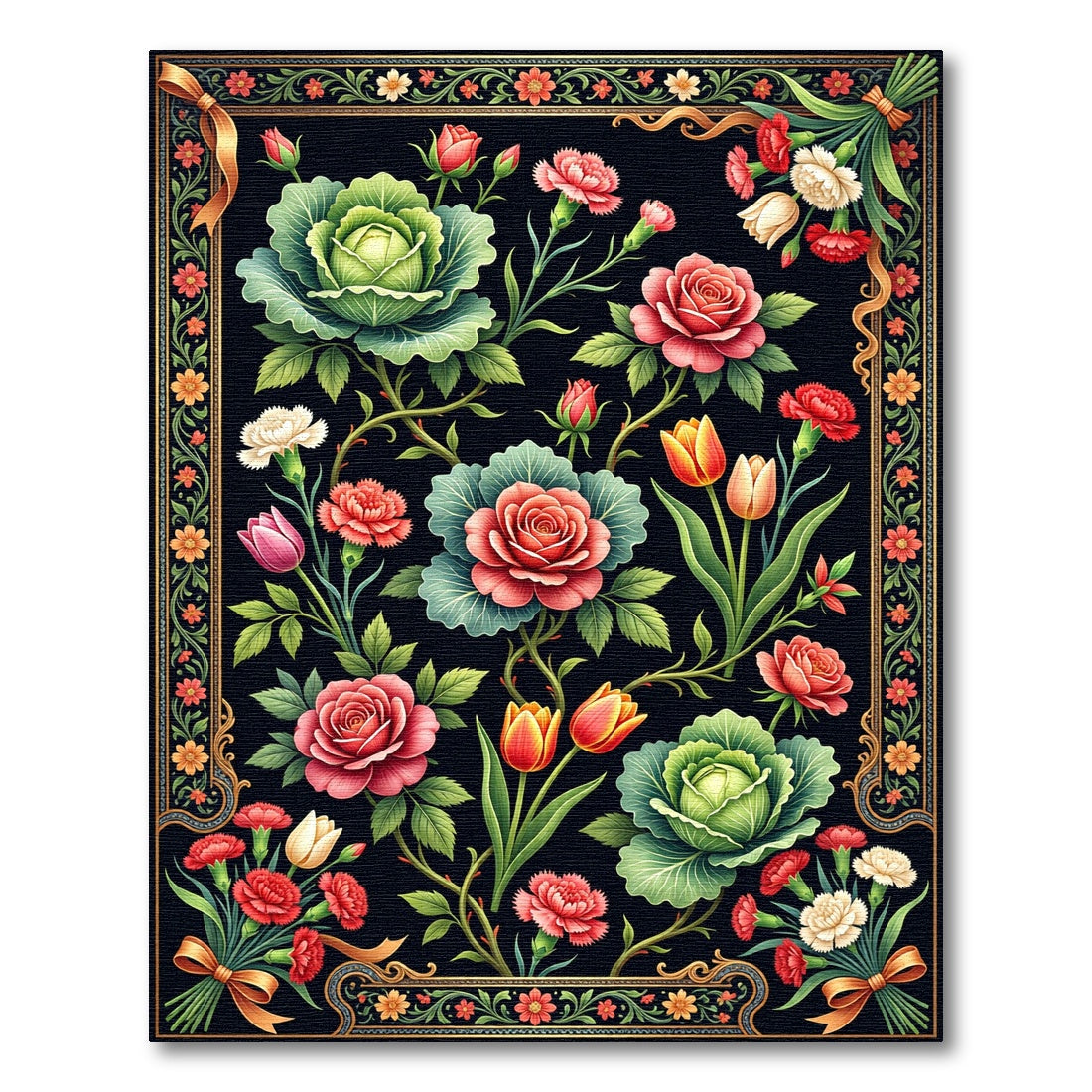 Vintage Red Rose Cabbage Floral Bouquet Rug