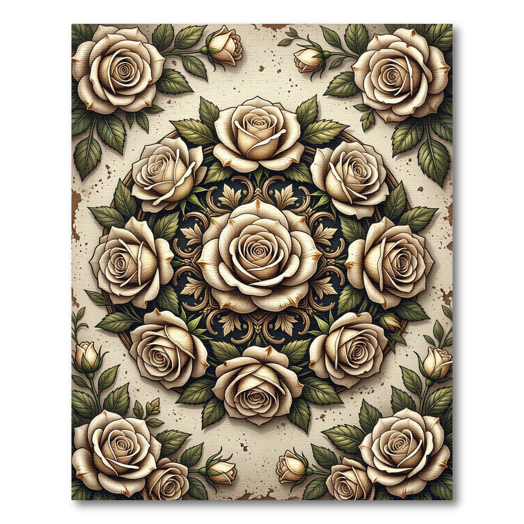 Elegant Cream Rose Floral Medallion Rug
