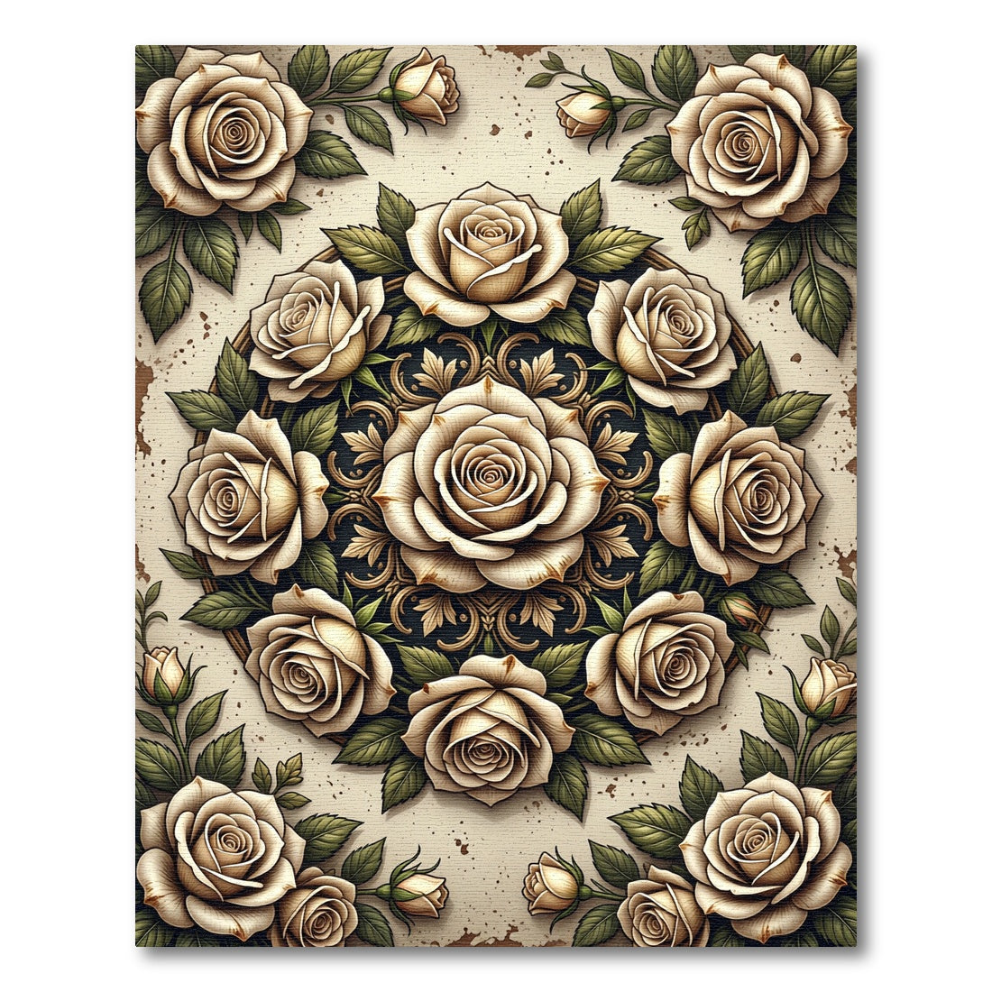 Elegant Cream Rose Floral Medallion Rug