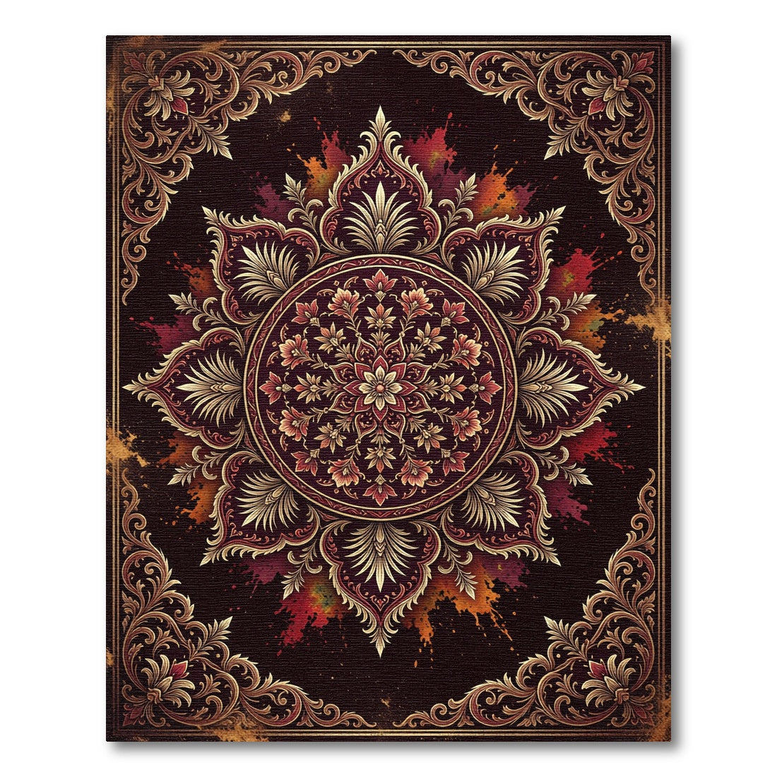 Opulent Crimson Gold Ornate Mandala Art Rug