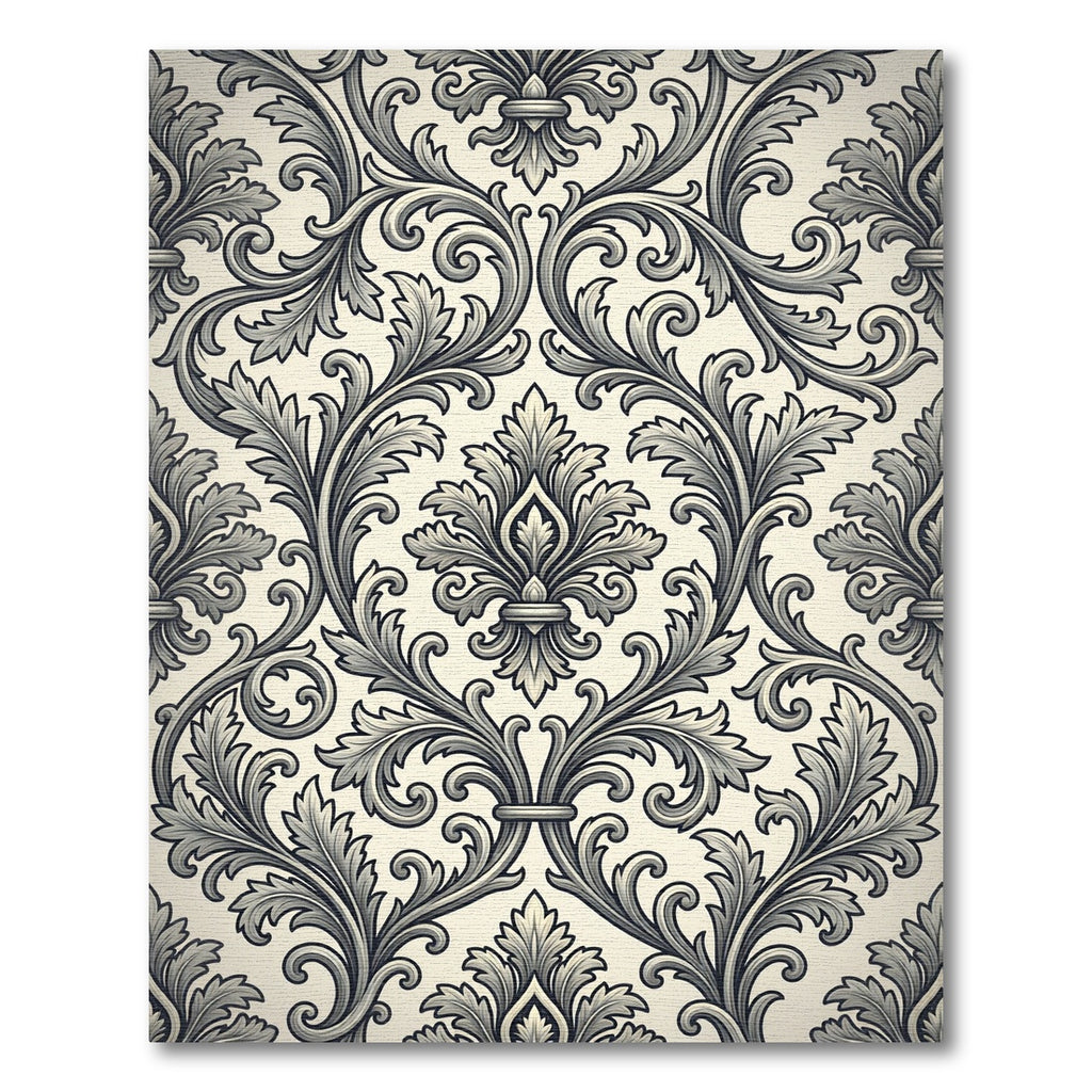 Ornate Black and White Acanthus Scroll Rug