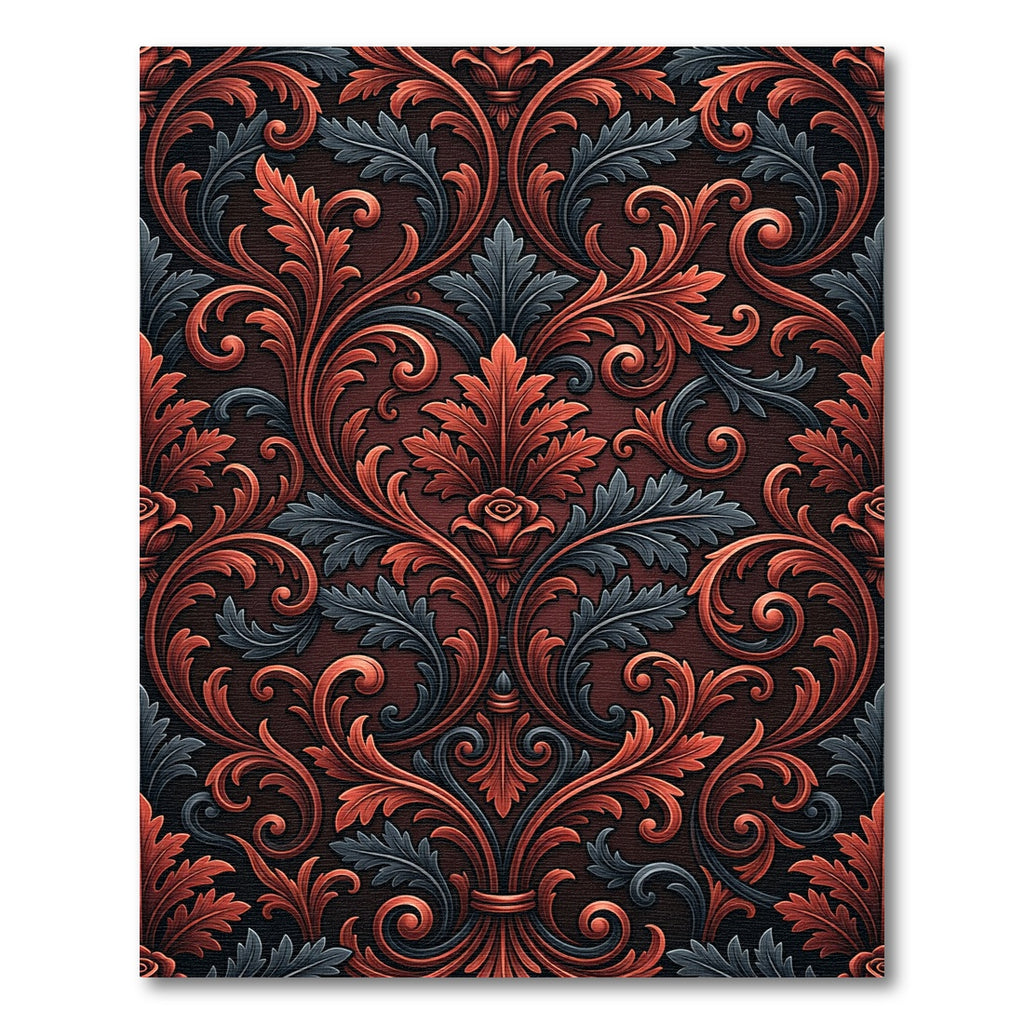 Elegant Crimson Gray Ornate Leaf Foliage Rug