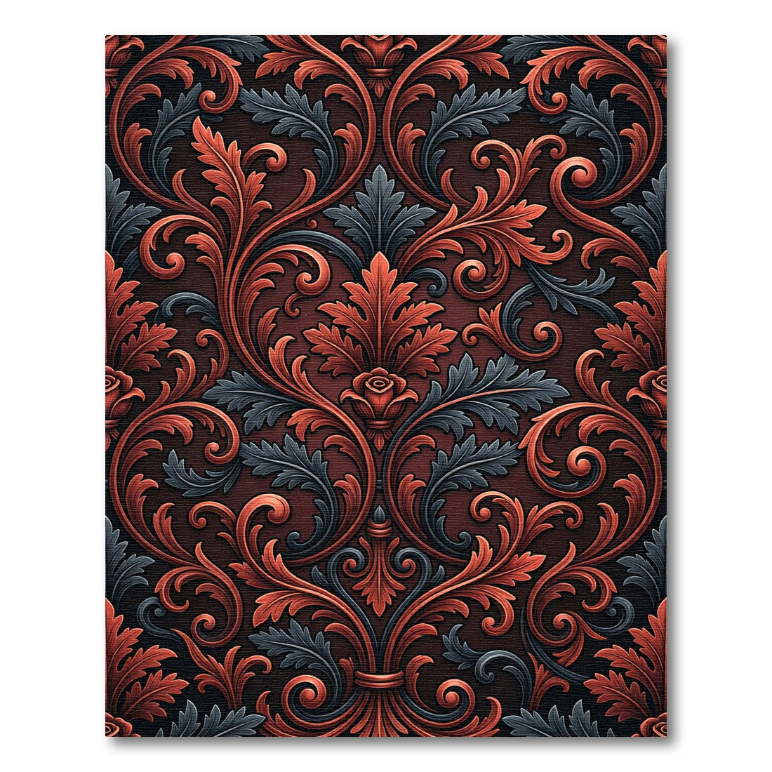 Elegant Crimson Gray Ornate Leaf Foliage Rug