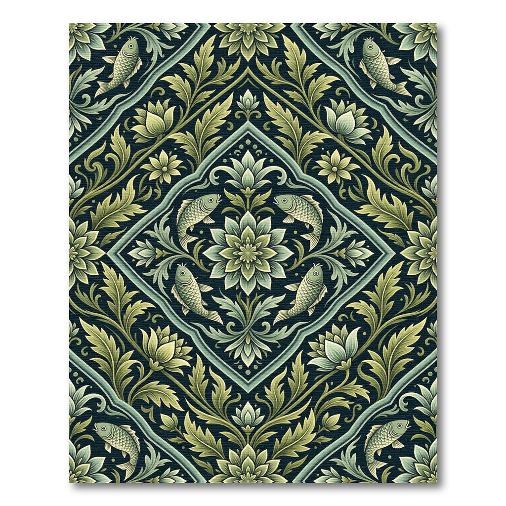 Deep Green Floral Fish Medallion Rug