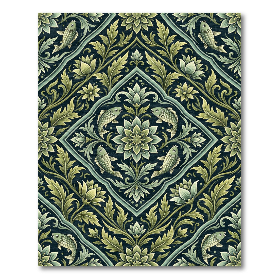 Deep Green Floral Fish Medallion Rug