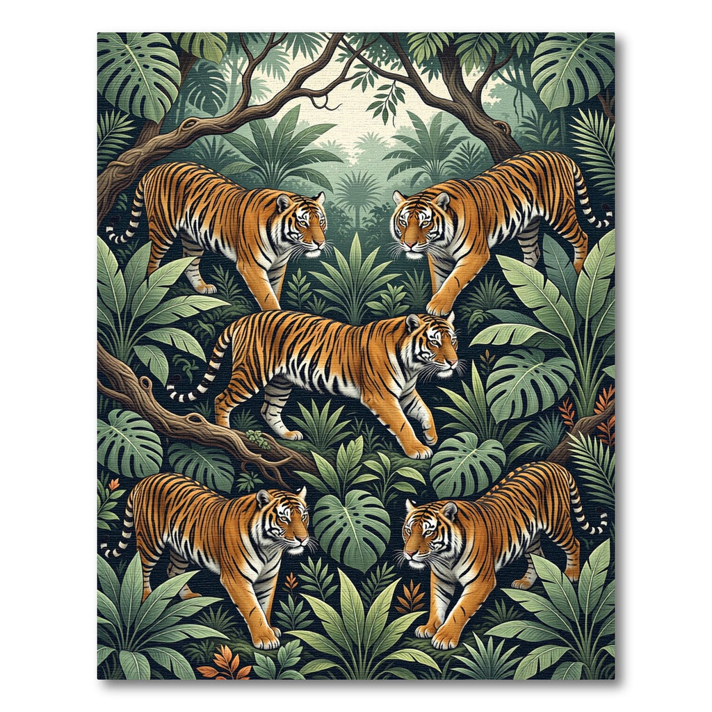 Vibrant Orange Tigers Jungle Foliage Rug