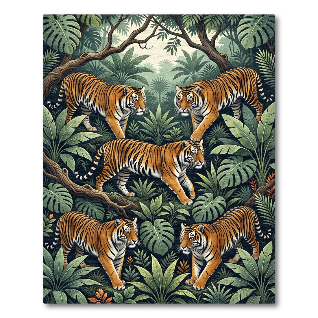 Vibrant Orange Tigers Jungle Foliage Rug