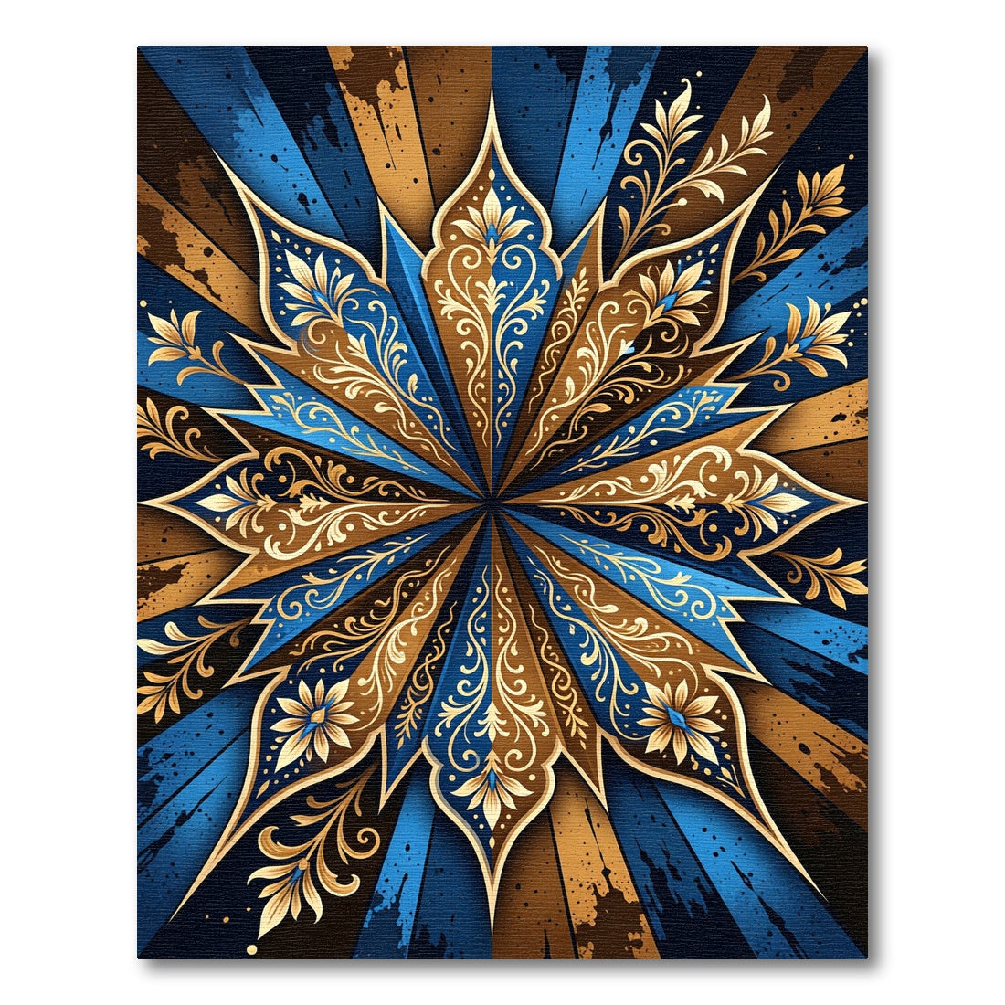 Intricate Blue Gold Floral Mandala Rug