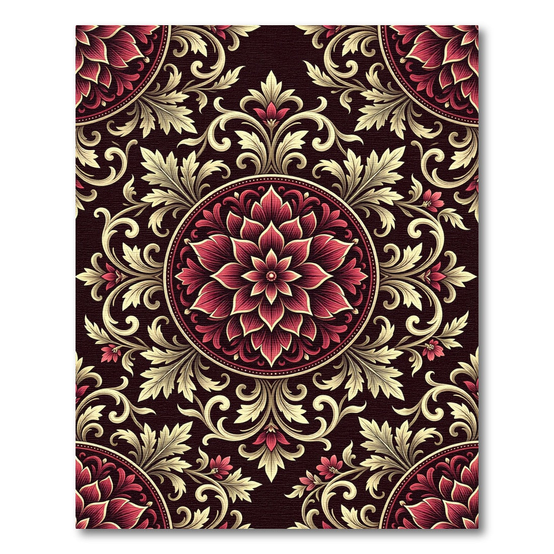 Crimson Gold Floral Medallion Scroll Rug
