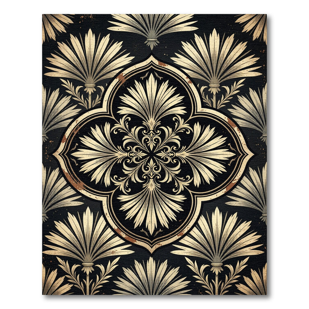 Black and Gold Floral Damask Medallion Rug