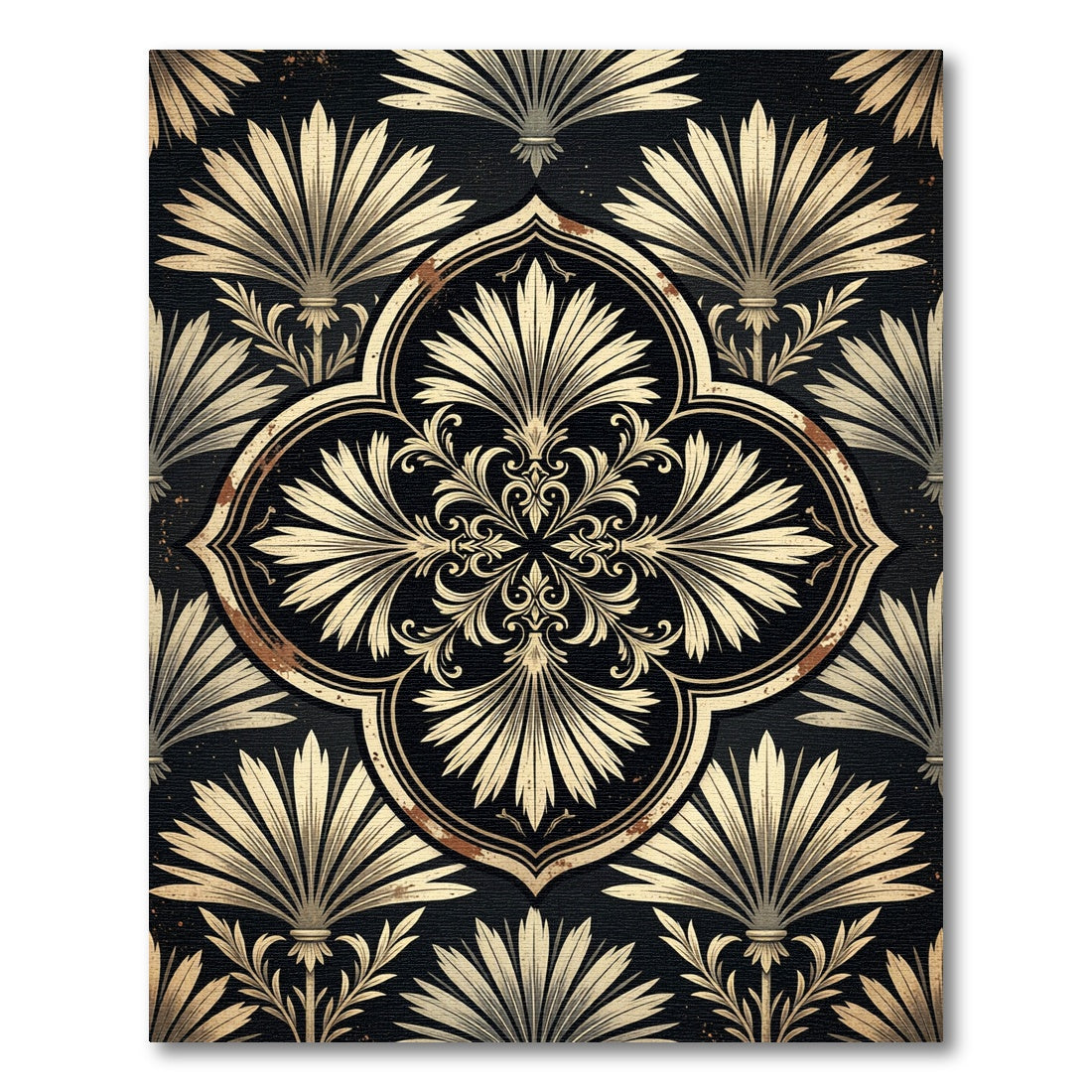 Black and Gold Floral Damask Medallion Rug