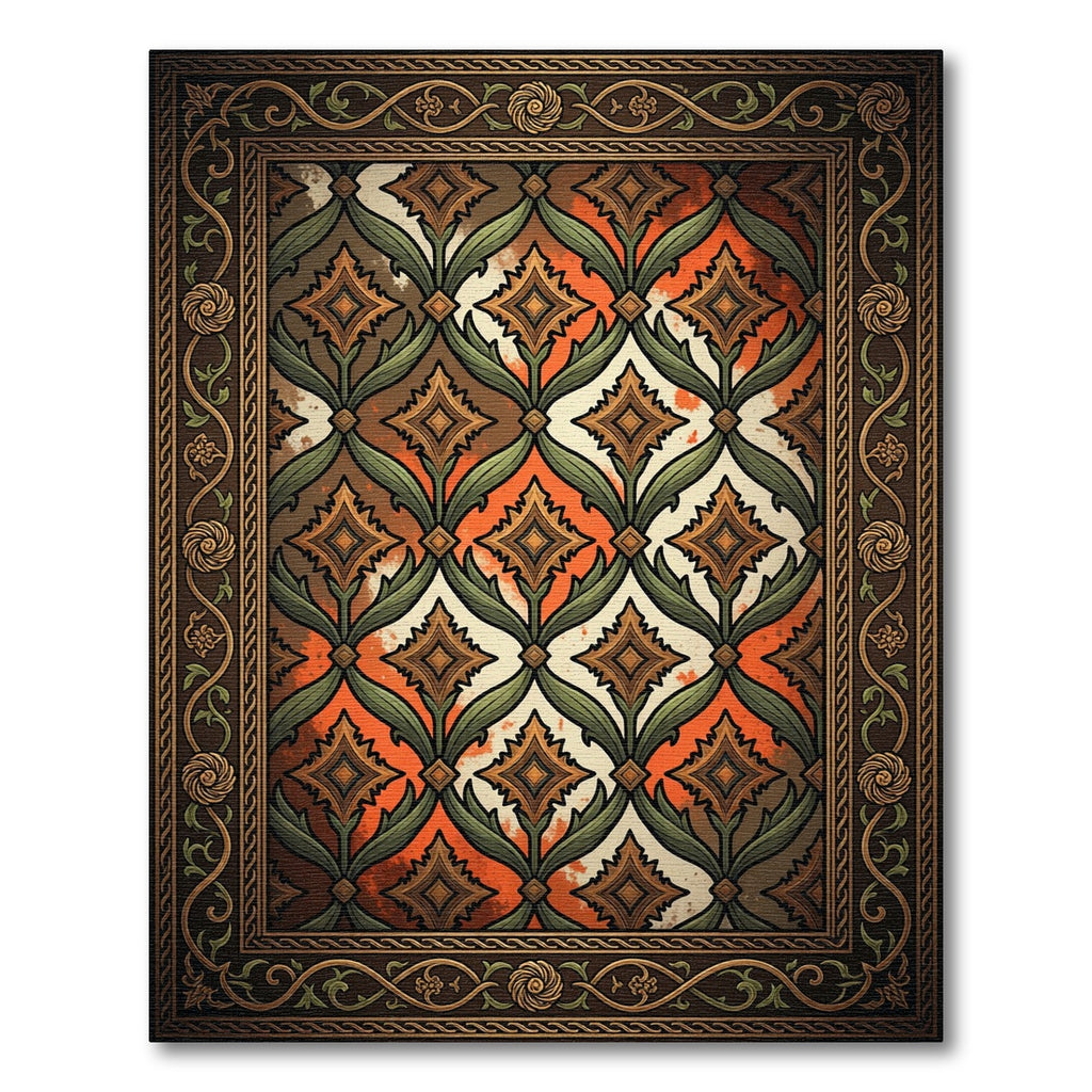 Art Nouveau Copper Diamond Botanical Frame Rug