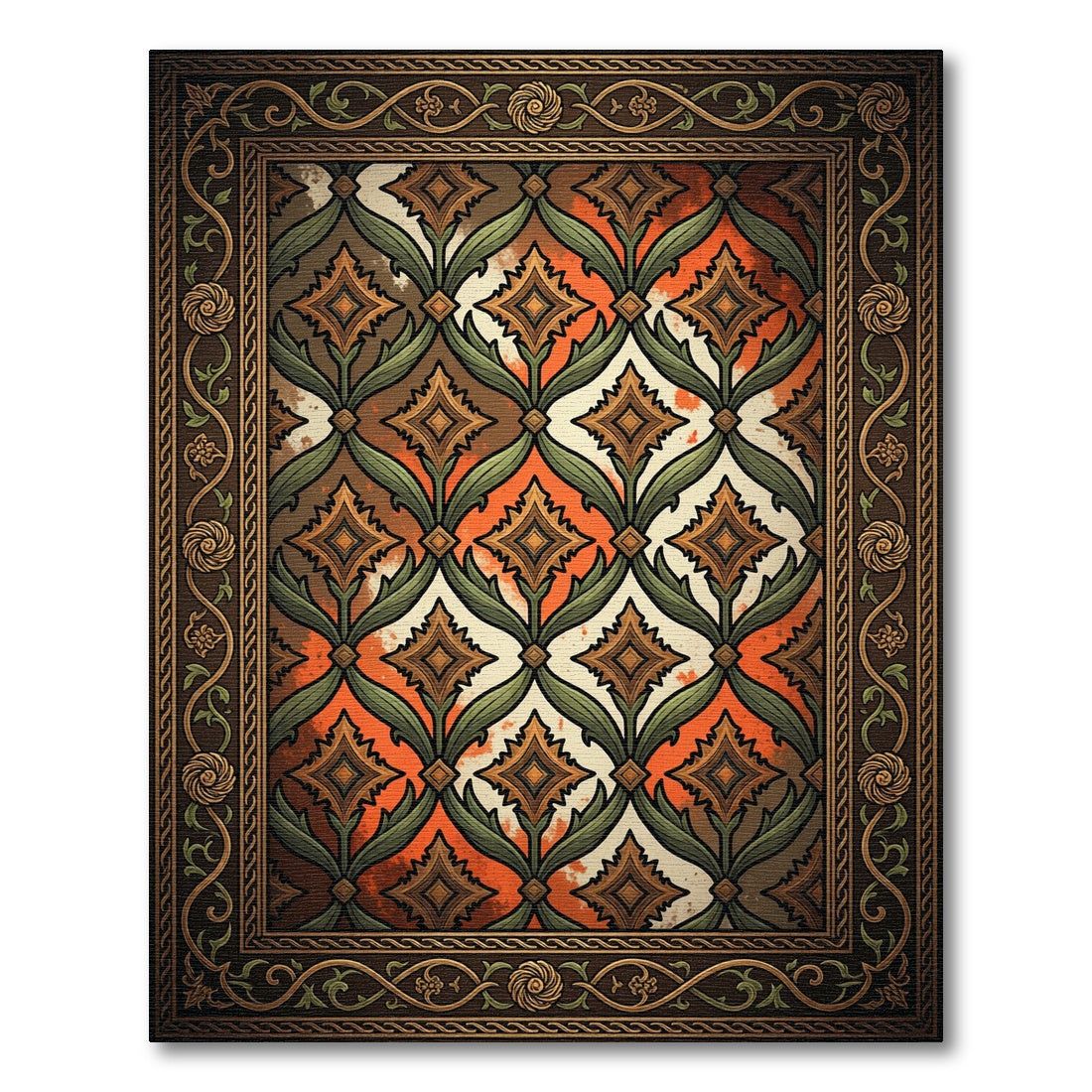 Art Nouveau Copper Diamond Botanical Frame Rug