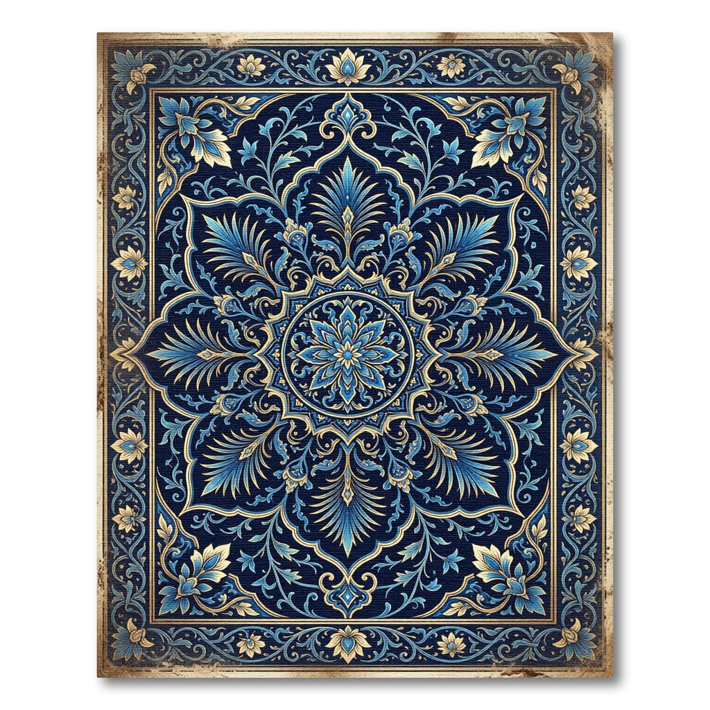 Royal Blue Gold Filigree Medallion Rug