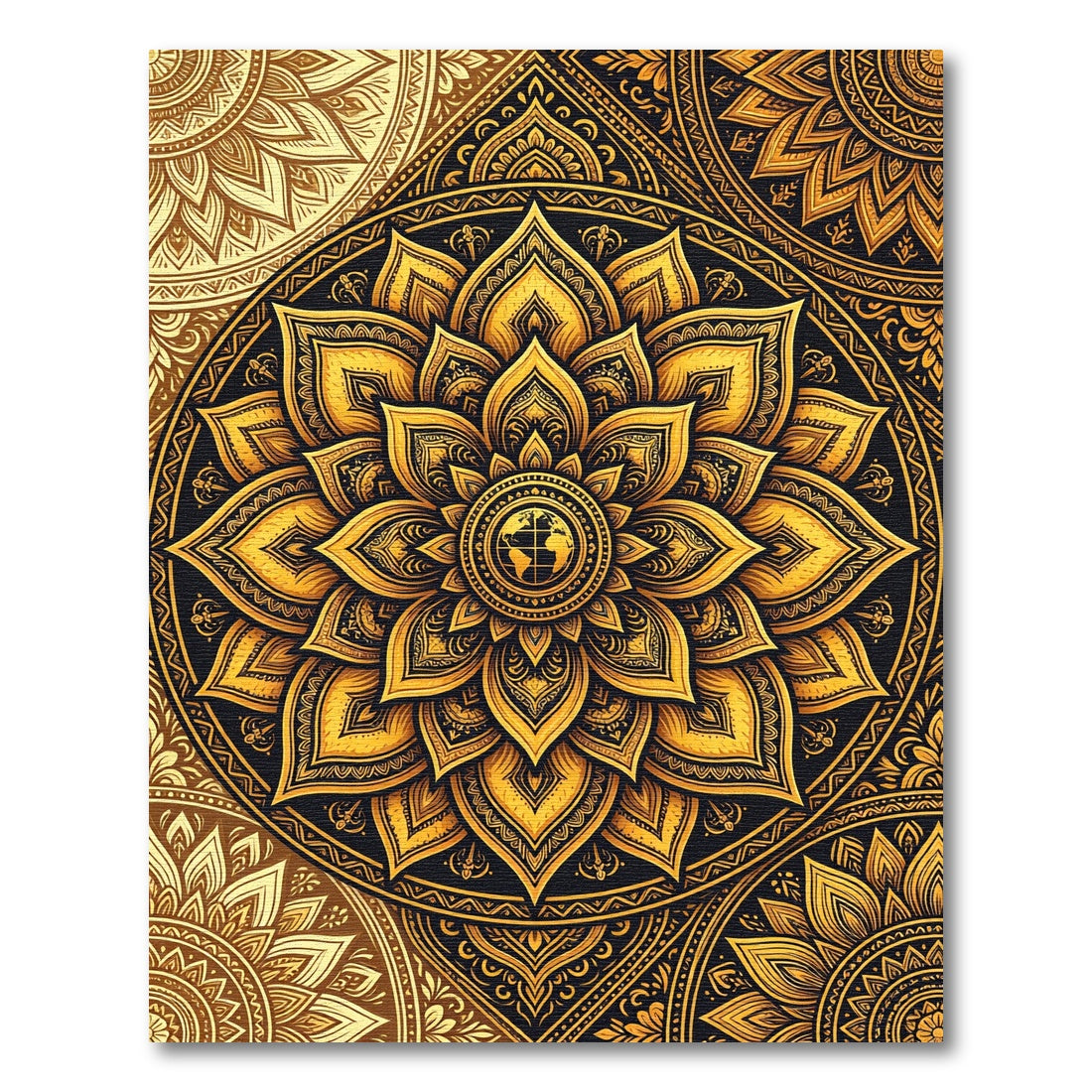 Golden Floral Mandala Earth Globe Rug
