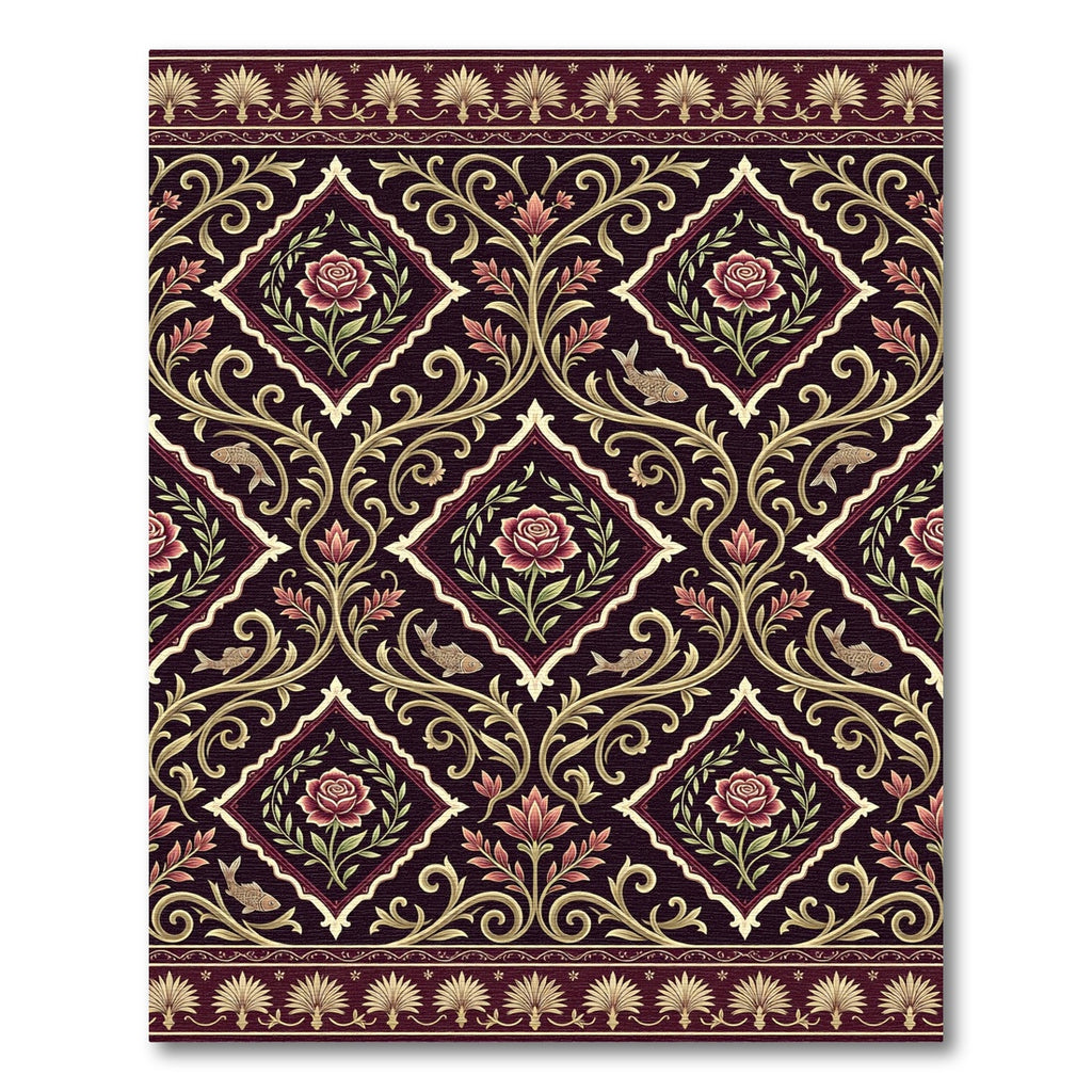 Deep Red Floral Medallion Fish Rug