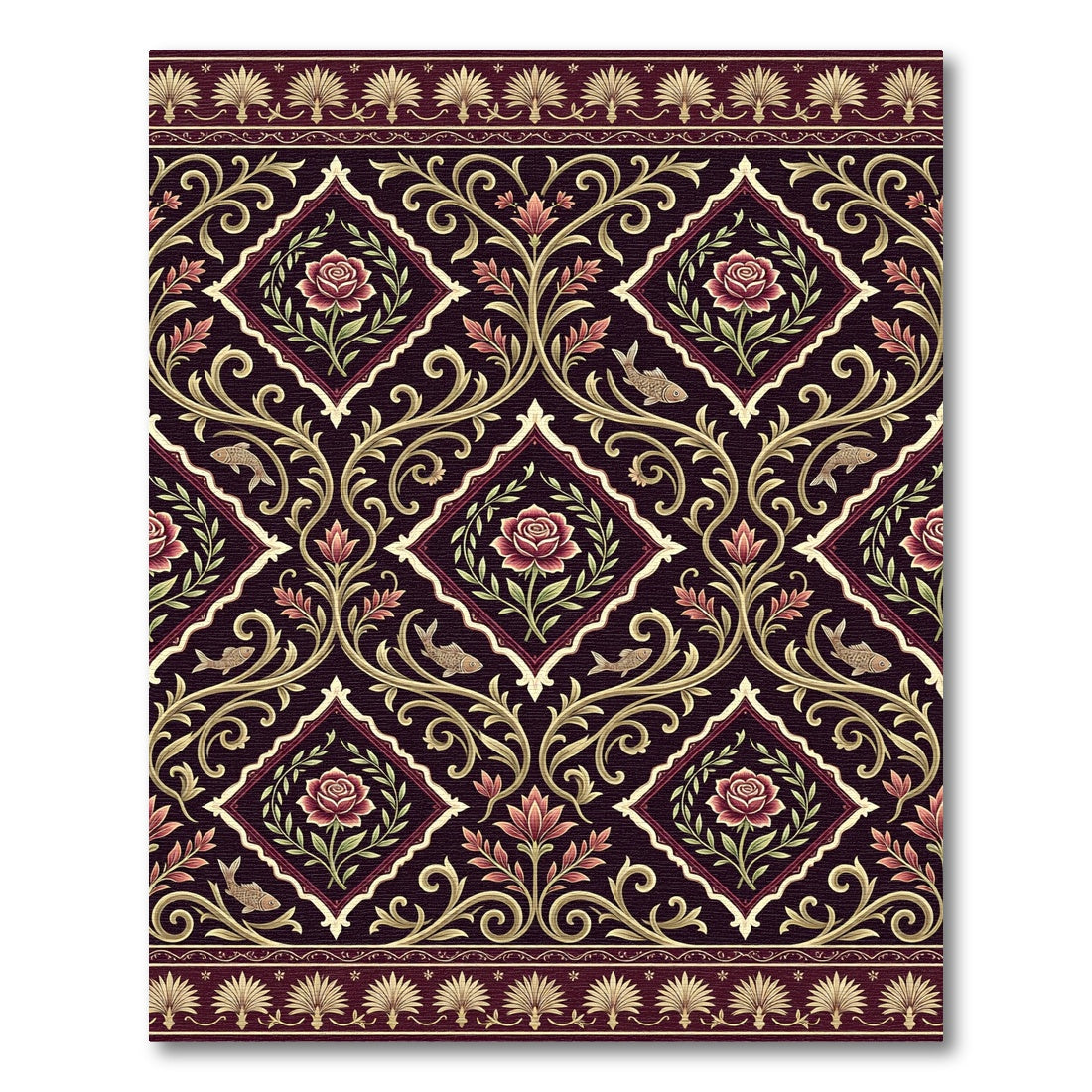 Deep Red Floral Medallion Fish Rug