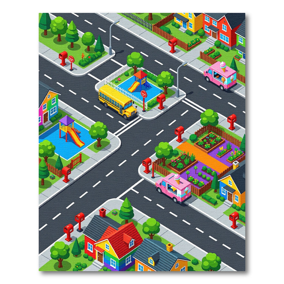 Colorful Isometric Neighborhood Street Cityscape Rug