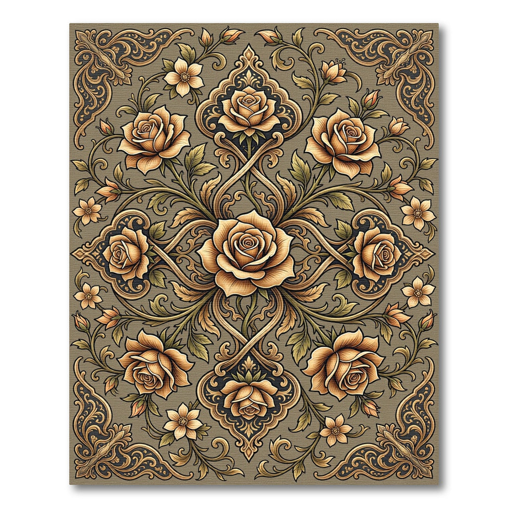 Golden Rose Floral Acanthus Scrollwork Rug