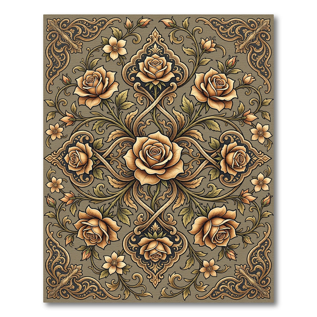 Golden Rose Floral Acanthus Scrollwork Rug