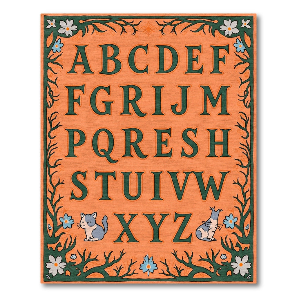 Orange Alphabet Cat Floral Border Rug