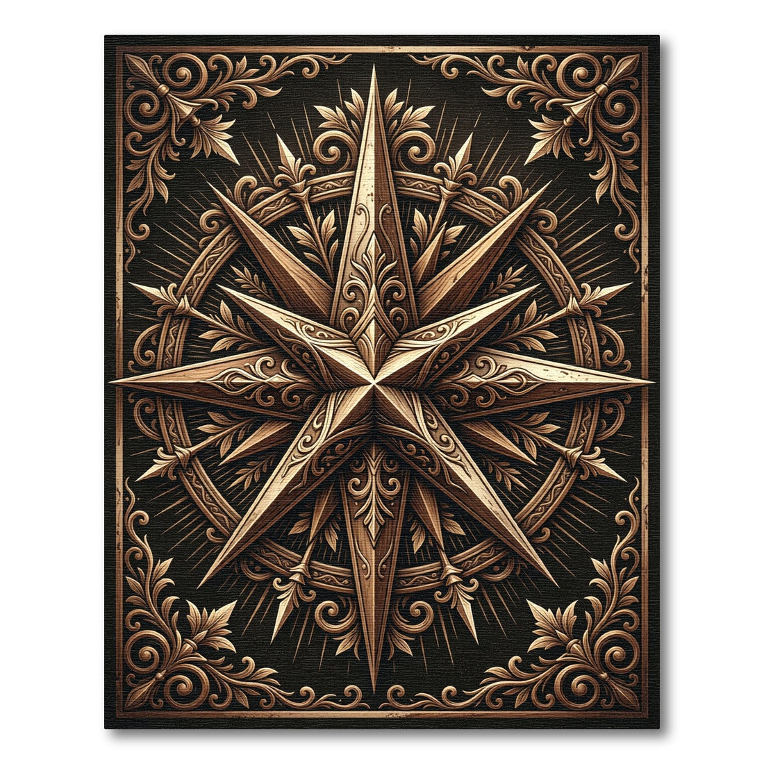 Ornate Bronze Compass Star Medallion Rug