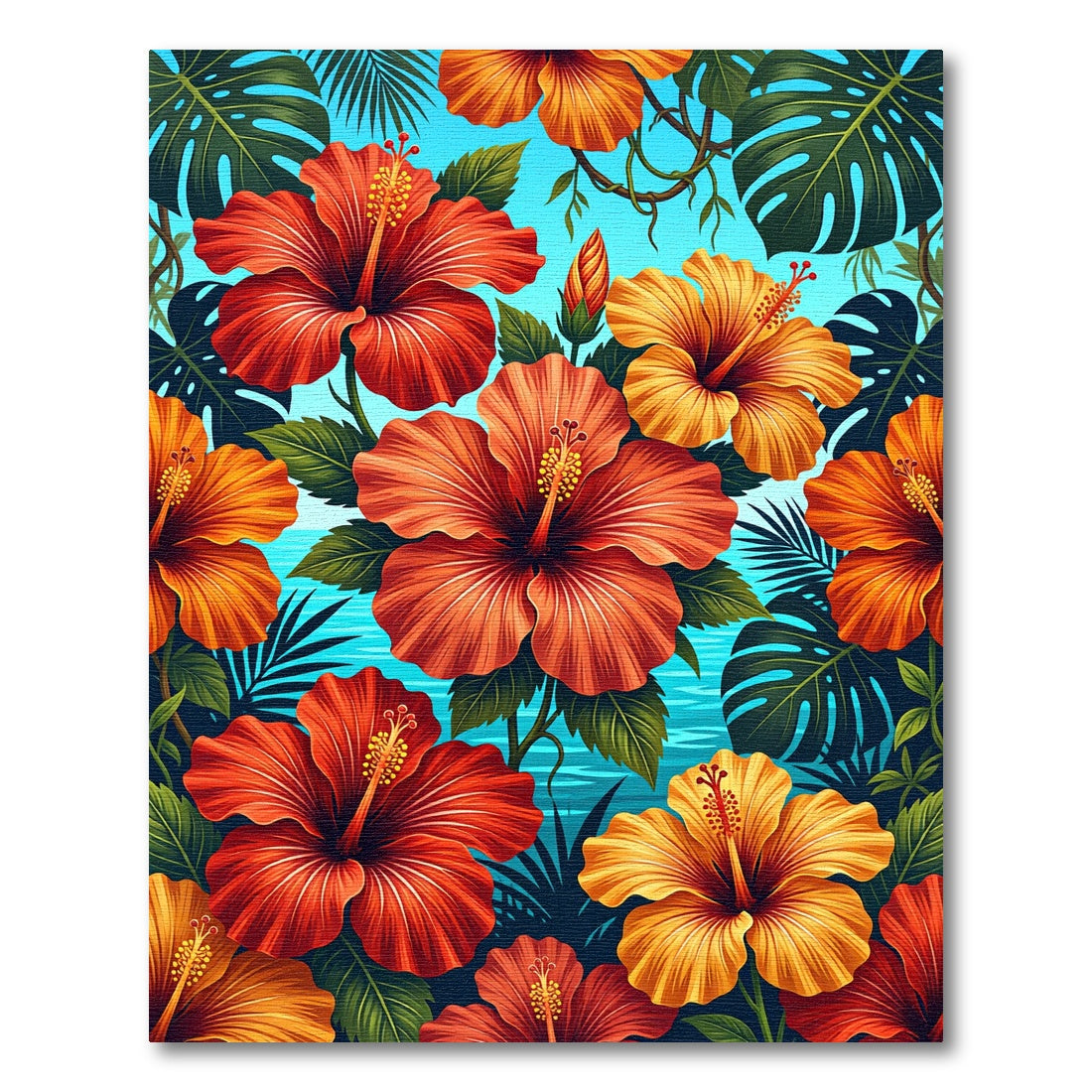 Vibrant Tropical Hibiscus Floral Lush Foliage Rug