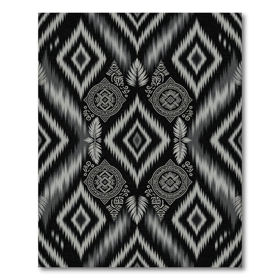 Black Gray Ethnic Medallion Ikat Rug