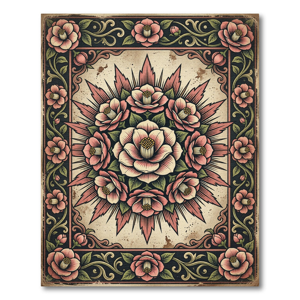 Vintage Pink Floral Camellia Medallion Rug