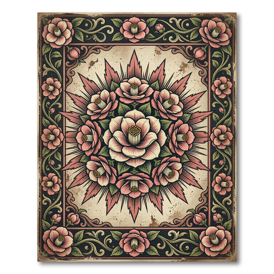 Vintage Pink Floral Camellia Medallion Rug