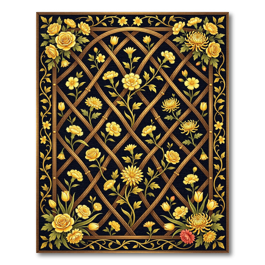 Golden Floral Lattice Trellis Art Rug