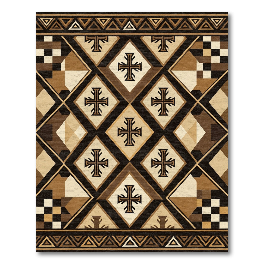 Earthy Brown Geometric Cross Diamond Rug
