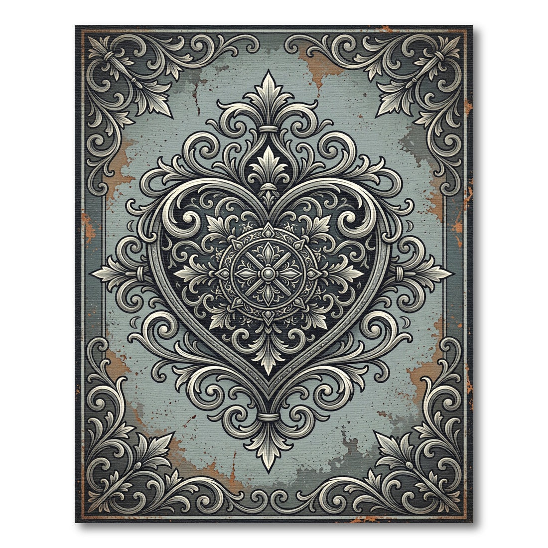 Ornate Damask Gray Heart Medallion Rug