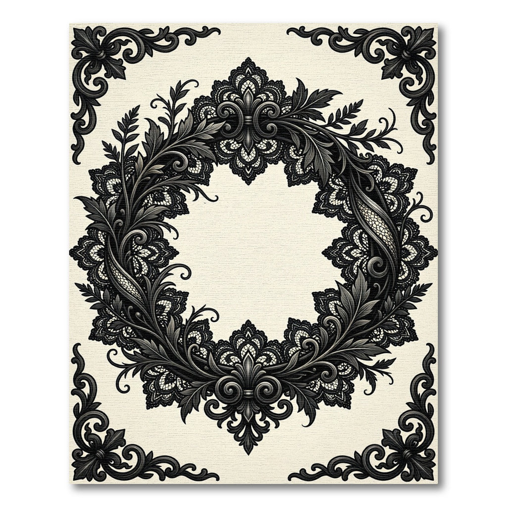 Elegant Ornate Black Lace Wreath Rug
