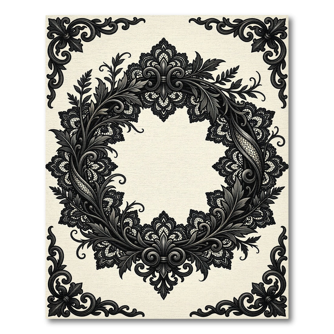 Elegant Ornate Black Lace Wreath Rug