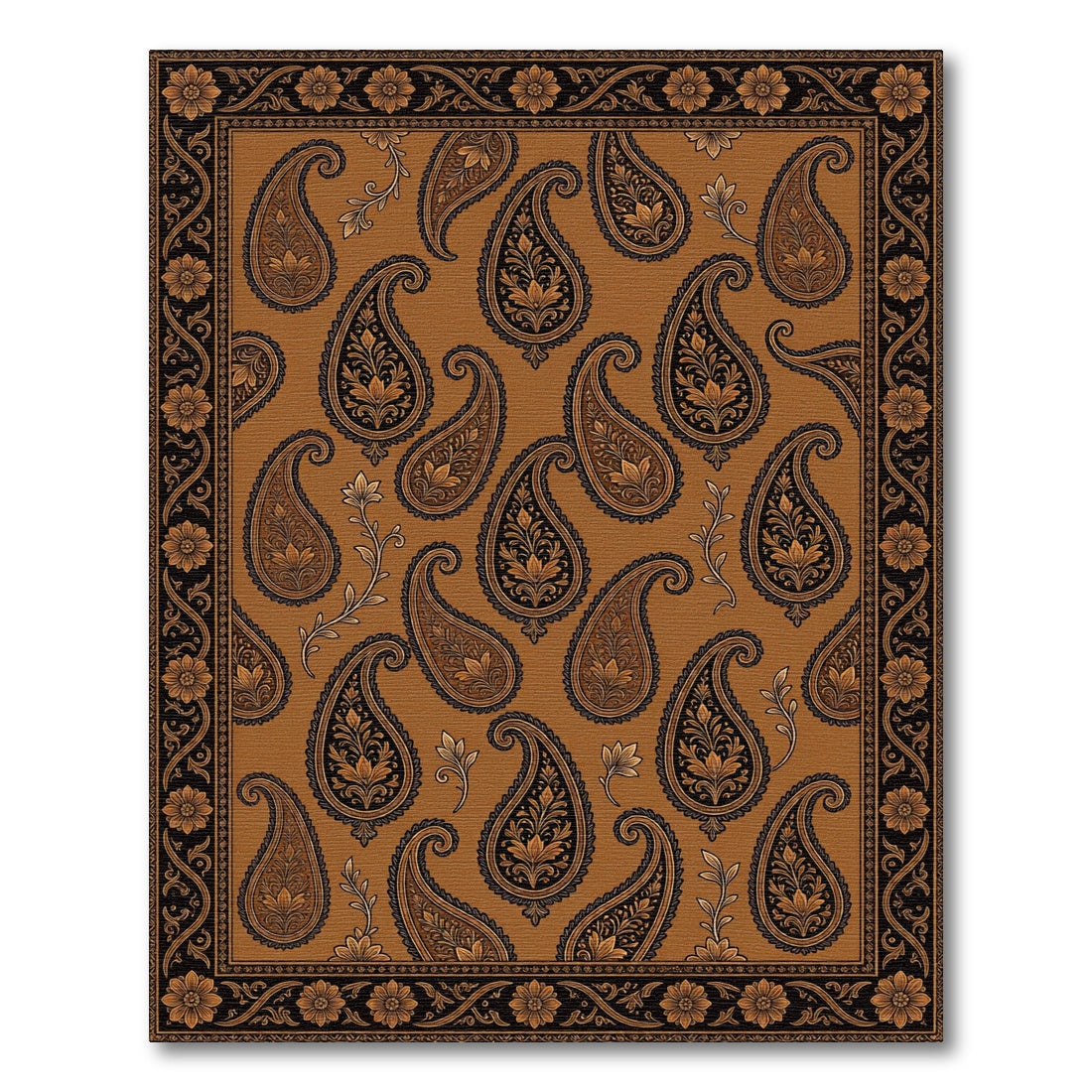 Rich Brown Paisley Floral Border Rug