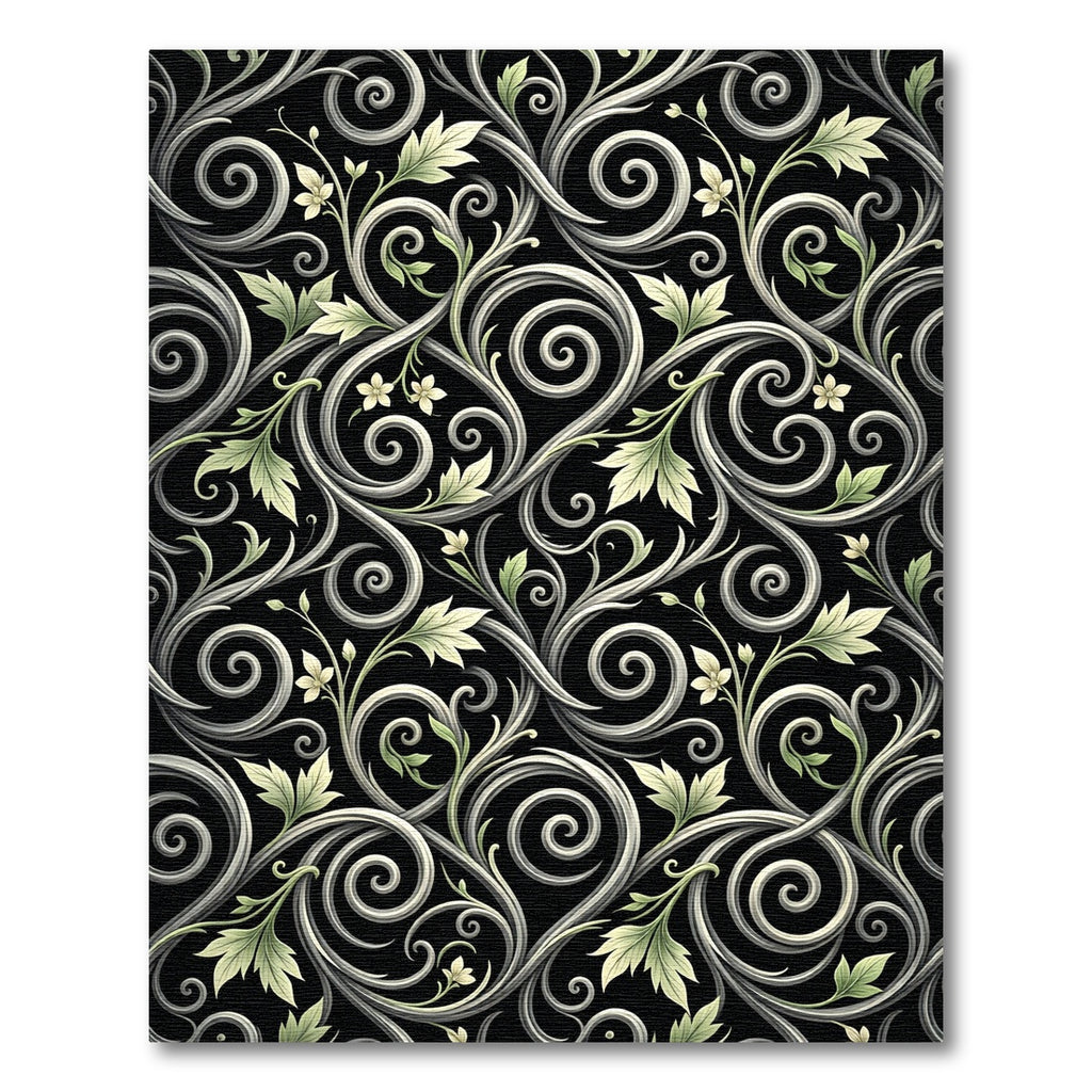 Black Green Swirl Floral Harmony Rug