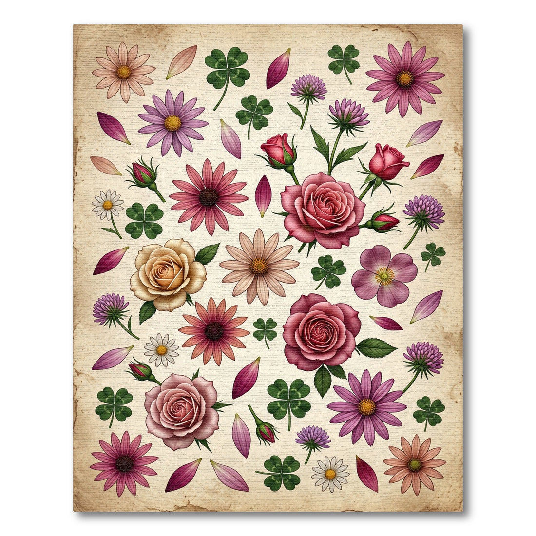 Pink Roses Purple Daisies Clover Collage Rug