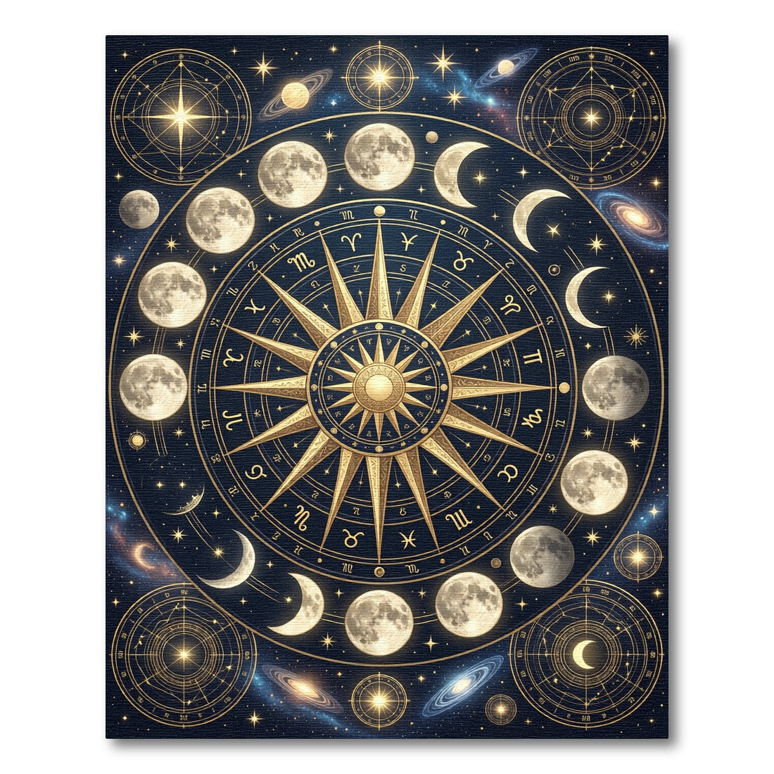 Celestial Golden Lunar Zodiac Compass Rug