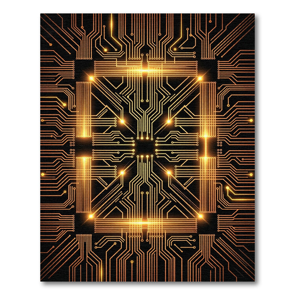 Glowing Orange Circuit Board Lines Rug