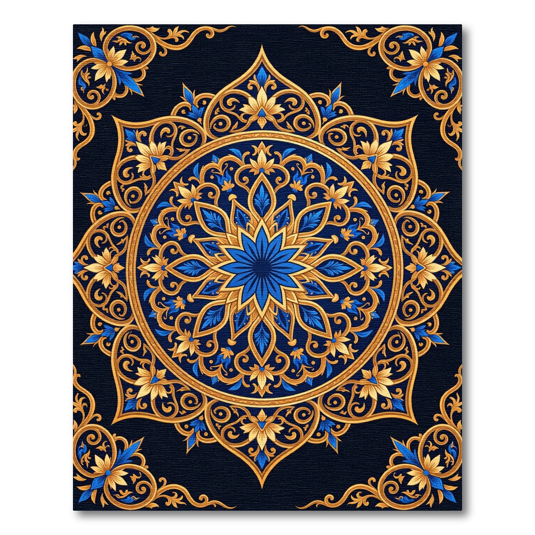 Golden Ornate Floral Medallion Royal Navy Rug