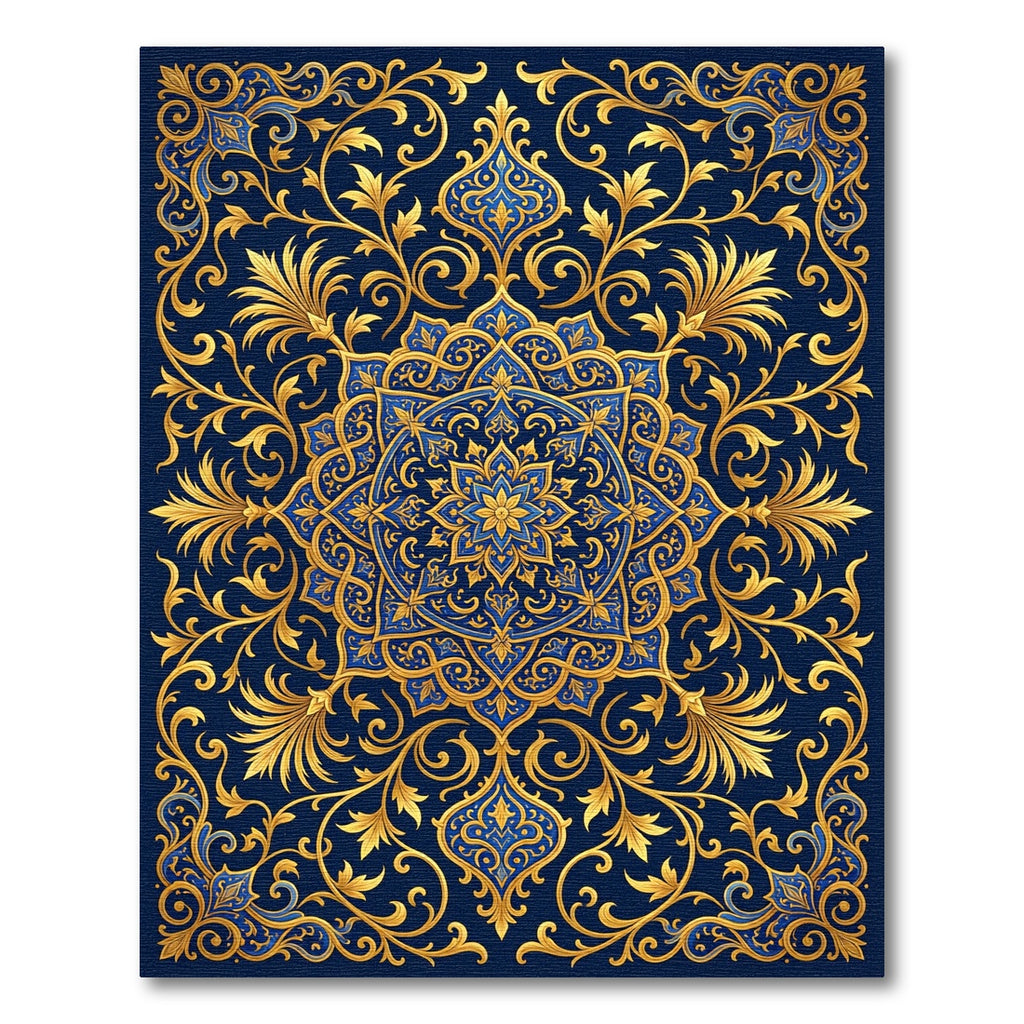 Golden Floral Medallion Navy Ornate Tapestry Rug
