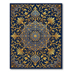 Golden Floral Medallion Navy Ornate Tapestry Rug