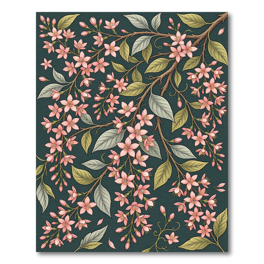 Ethereal Pink Blossom Dark Teal Botanical Rug