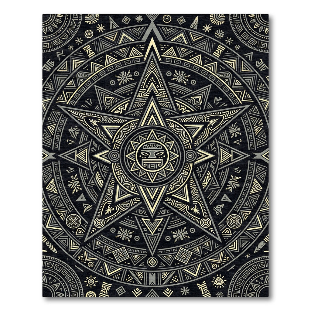 Golden Aztec Sun Star Geometric Medallion Rug